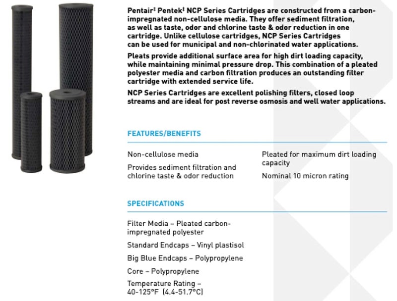 Pentek Pentair Pentek NCP-20BB Big Blue Carbon Water Filter, 20-Inch, Whole House Non-Cellulose Carbon Impregnated Pleated Filter Cartridge, 20" x 4.5", 10 Micron - Image 2